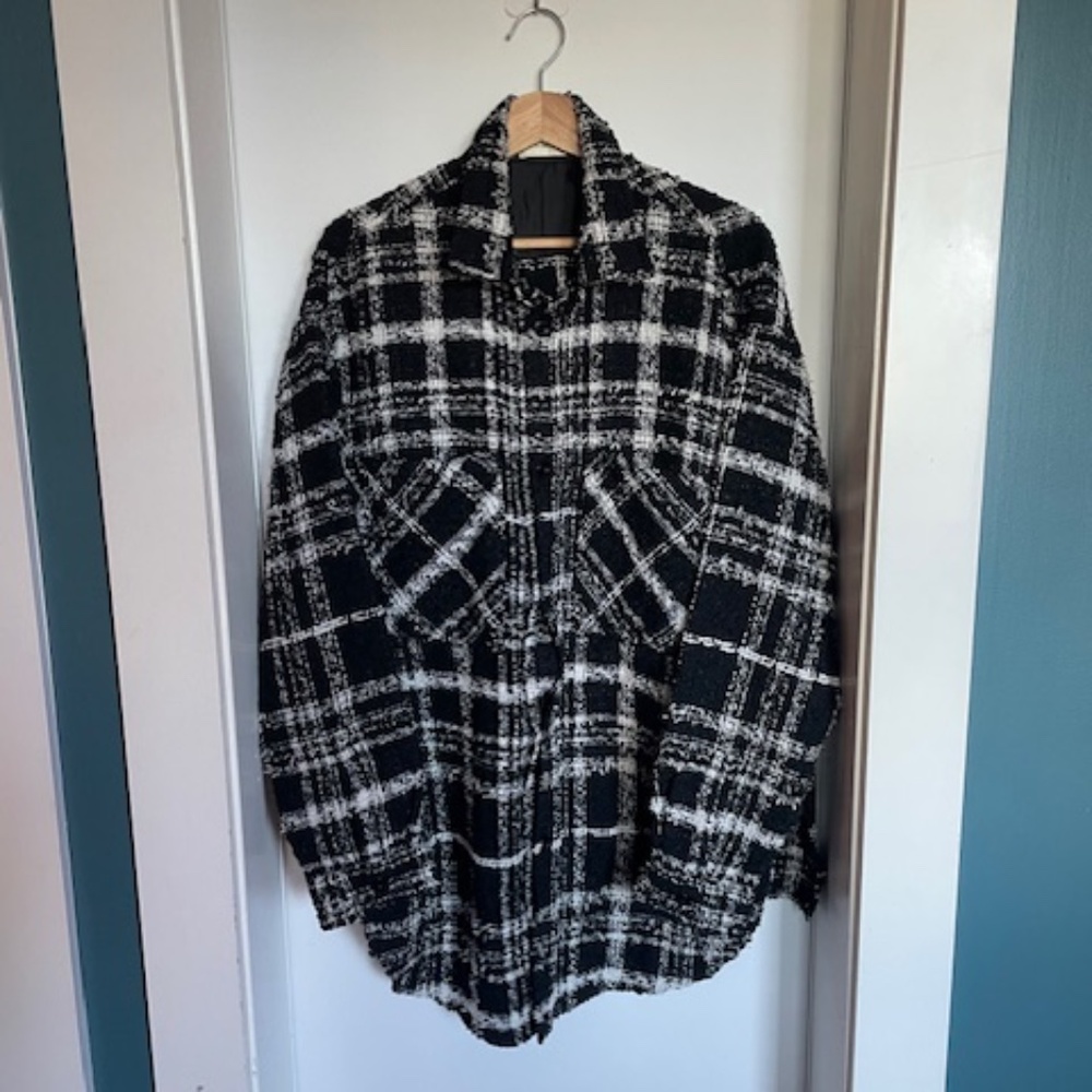 FAITH CONEXION TWEED BLACK WHITE OVERSIZED SHIRT WOOL COTTON